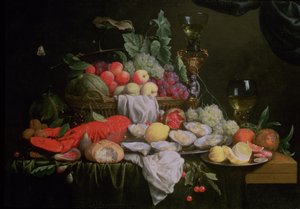 Natura morta con limone, ostriche, aragosta e frutta, 1658